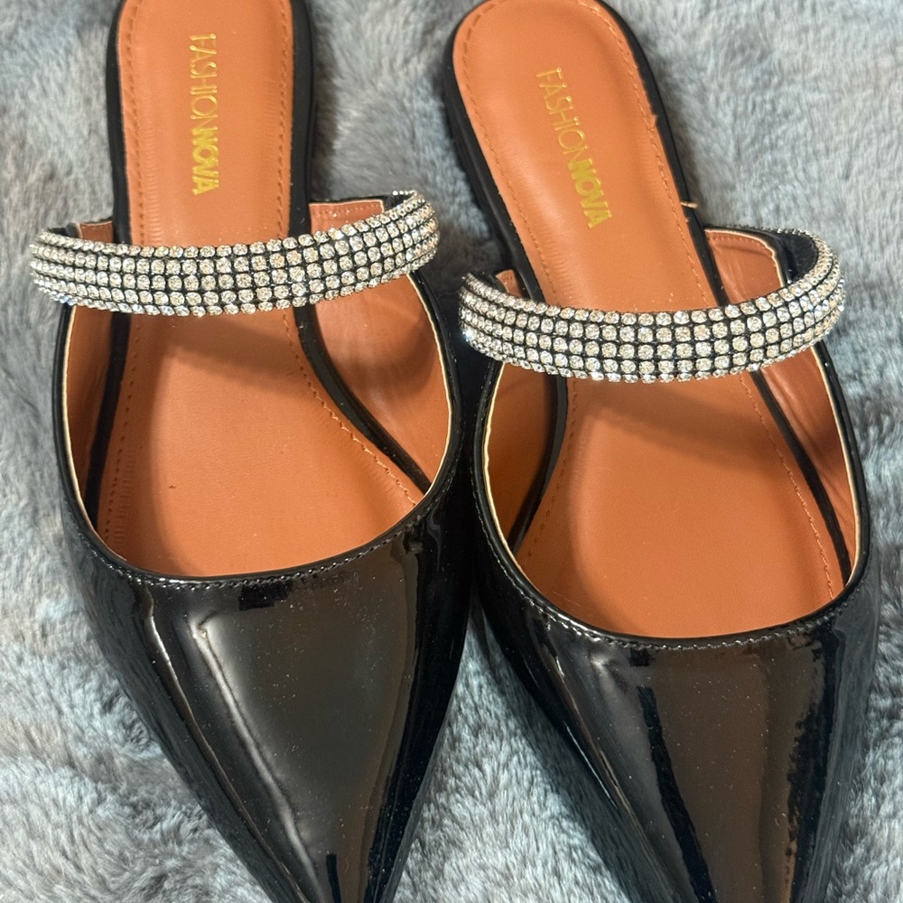 Fashion Nova Black Patent Pointed Toe Flats with Rhinestone Strap